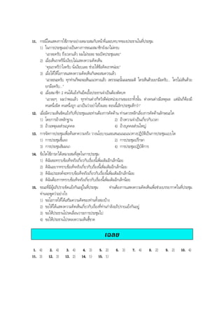 11. กรณีใดแสดงการใชภาษาอยางเหมาะสมกับหนาที่และบทบาทของประธานในที่ประชุม
1) ในการประชุมอยางเปนทางการขณะสมาชิกยังมาไมครบ
"เอาละครับ ถึงเวลาแลว ผมไมรอละ ขอเปดประชุมเลย"
2) เมื่อเห็นราตรีนิ่งเงียบไมแสดงความคิดเห็น
"คุณราตรีวาไงครับ นั่งเงียบเลย ชวยใหขอคิดเราหนอย"
3) เมื่อไดใหโอกาสแสดงความคิดเห็นกันพอสมควรแลว
"เอาละนะครับ ทุกทานก็พอจะเห็นแนวทางแลว เพราะฉะนั้นผมขอมติ ใครเห็นดวยยกมือครับ... ใครไมเห็นดวย
ยกมือครับ..."
4) เมื่อสมาชิก 2 คนโตแยงกันยืดเยื้อประธานจําเปนตองตัดบท
"เอาละๆ ผมวาพอแลว ทุกทานตางก็หวังดีตอหนวยงานของเราทั้งนั้น ตางคนตางมีเหตุผล แตมันก็ตองมี
คนหนึ่งผิด คนหนึ่งถูก เอาเปนวาอยาใสใจเลย ตอนนี้เลิกประชุมดีกวา"
12. เมื่อมีความเห็นขัดแยงกับที่ประชุมและทานตองการคัดคาน ทานควรหลีกเลี่ยงการคัดคานลักษณะใด
1) โดยการอางหลักฐาน 2) อางความจําเปนเกี่ยวกับเวลา
3) อางเหตุผลสวนบุคคล 4) อางบุคคลสวนใหญ
13. การจัดการประชุมเพื่อคนหาความจริง วางนโยบายและเสนอแนะแนวทางปฏิบัติเปนการประชุมแบบใด
1) การประชุมชี้แจง 2) การประชุมปรึกษา
3) การประชุมสัมมนา 4) การประชุมปฏิบัติการ
14. ขอใดใชภาษาไดเหมาะสมที่สุดในการประชุม
1) ดิฉันขอทราบขอเท็จจริงเกี่ยวกับเรื่องนี้เพิ่มเติมอีกเล็กนอย
2) ดิฉันอยากทราบขอเท็จจริงเกี่ยวกับเรื่องนี้เพิ่มเติมอีกเล็กนอย
3) ดิฉันประสงคจะทราบขอเท็จจริงเกี่ยวกับเรื่องนี้เพิ่มเติมอีกเล็กนอย
4) ดิฉันตองการทราบขอเท็จจริงเกี่ยวกับเรื่องนี้เพิ่มเติมอีกเล็กนอย
15. ขณะที่มีผูอภิปรายขัดแยงกันอยูในที่ประชุม ทานตองการแสดงความคิดเห็นเพื่อชวยบรรยากาศในที่ประชุม
ทานจะพูดวาอยางไร
1) ขอโอกาสใหไดเสริมความคิดของทานทั้งสองบาง
2) ขอใหไดแสดงความคิดเห็นเกี่ยวกับเรื่องที่ทานกําลังอภิปรายแยงกันอยู
3) ขอใหประธานโปรดเลื่อนวาระการประชุมไป
4) ขอใหประธานโปรดลงความเห็นชี้ขาด
เฉลย
1. 4) 2. 4) 3. 4) 4. 3) 5. 2) 6. 3) 7. 4) 8. 2) 9. 2) 10. 4)
11. 3) 12. 3) 13. 2) 14. 1) 15. 1)
BOBBYtutor Thai Note
 