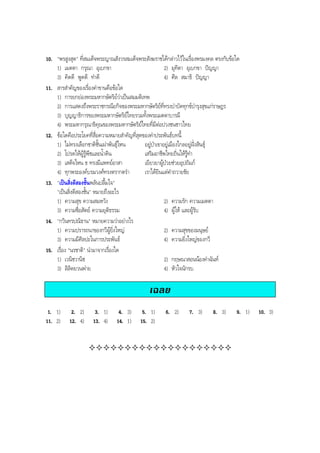 10. "พรสูงสุด" ที่สมเด็จพระญาณสังวรสมเด็จพระสังฆราชไดกลาวไวในเรื่องพรมงคล ตรงกับขอใด
1) เมตตา กรุณา อุเบกขา 2) มุทิตา อุเบกขา ปญญา
3) คิดดี พูดดี ทําดี 4) ศีล สมาธิ ปญญา
11. สารสําคัญของเรื่องคําขานคือขอใด
1) การยกยองพระมหากษัตริยวาเปนสมมติเทพ
2) การแสดงถึงพระราชกรณียกิจของพระมหากษัตริยที่ทรงบําบัดทุกขบํารุงสุขแกราษฎร
3) บุญญาธิการของพระมหากษัตริยไทยรวมทั้งพระเมตตาบารมี
4) พระมหากรุณาธิคุณของพระมหากษัตริยไทยที่มีตอปวงชนชาวไทย
12. ขอใดคือประโยคที่สื่อความหมายสําคัญที่สุดของคําประพันธบทนี้
1) ไมทรงเลือกชาติชั้นเผาพันธุไหน อยูปาเขาอยูเมืองไกลอยูฝงสินธุ
2) โปรดใหผูรูพืชและนํ้าดิน เสริมอาชีพไทยถิ่นใหรูทํา
3) เสด็จไหน ธ ทรงมีแพทยอาสา เยียวยาผูปวยชวยอุปถัมภ
4) ทุกพระองคบรมวงศทรงตรากตรํา เราไดยินแตคําถวายชัย
13. "เปนสิ่งดีสองชั้นพลันปลื้มใจ"
"เปนสิ่งดีสองชั้น" หมายถึงอะไร
1) ความสุข ความสมหวัง 2) ความรัก ความเมตตา
3) ความซื่อสัตย ความยุติธรรม 4) ผูให และผูรับ
14. "กวินทรปณิธาน" หมายความวาอยางไร
1) ความปรารถนาของกวีผูยิ่งใหญ 2) ความสุขของมนุษย
3) ความมีศิลปะในการประพันธ 4) ความยิ่งใหญของกวี
15. เรื่อง "นรชาติ" นํามาจากเรื่องใด
1) เวนิชวานิช 2) กฤษณาสอนนองคําฉันท
3) ลิลิตยวนพาย 4) หัวใจนักรบ
เฉลย
1. 1) 2. 2) 3. 1) 4. 3) 5. 1) 6. 2) 7. 3) 8. 3) 9. 1) 10. 3)
11. 2) 12. 4) 13. 4) 14. 1) 15. 2)
!!!!!!!!!!!!!!!!!!!!
BOBBYtutor Thai Note
 