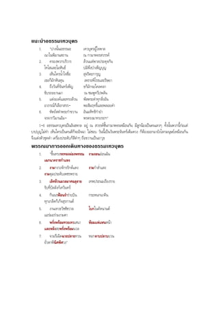 แนะนําอธรรมเทวบุตร
1. "ปางนั้นอธรรมะ เทวบุตรผูใจพาล
เนาในพิมานสถาน ณ กามาพจรสวรรค
2. ครองพวกบริวาร ลวนแตพาลประดุจกัน
โทโสและโมหันธ บมิพึงบําเพ็ญบุญ
3. เห็นใครนํ้าใจซื่อ สุจริตะการุญ
เธอก็มักหันหุน เพราะพิโรธและริษยา
4. ถึงวันที่จันทรเพ็ญ ธก็มักจะไคลคลา
ขับรถะยานมา ณ ชมพูทวีปพลัน
5. แตงองคและทรงลวน พัสตระดําทุกสิ่งอัน
อาภรณก็เลือกสรร- พะสัมฤทธิ์และพลอยดํา
6. หัตถสดําพระกําขวาน อันมหิทธิกํายํา
จรจากวิมานอัม- พรตรงมาทรงรถฯ"
1-6 อธรรมเทวบุตรเปนอันธพาล อยู ณ สวรรคชั้นกามาพจรเหมือนกัน มีลูกนองเปนคนเลวๆ ทั้งนั้นพวกนี้กอแต
บาปบุญไมทํา เห็นใครเปนคนดีก็จะอิจฉา ไมชอบ วันนี้เปนวันพระจันทรเต็มดวง ก็ตองออกมายังโลกมนุษยเหมือนกัน
จึงแตงตัวชุดดํา เครื่องประดับก็สีดําๆ ถือขวานเปนอาวุธ
พรรณนาการออกเดินทางของธรรมเทวบุตร
1. "ขึ้นทรงรถทองผองพรรณ งามงอนออนฉัน
เฉกนาคราชกําแหง
2. งามกงวงจักรรักตแดง งามกําสํ่าแสง
งามดุมประดับเพชรพราย
3. เลิศลวนมวลมาศฉลุลาย เทพประนมเรียงราย
รับที่บัลลังกเทวินทร
4. กินนรฟอนรํารายบิน กระหนกนาคิน
ทุกเกล็ดก็เก็จสุรกานต
5. งานเทวธวัชชัชวาล โบกในคัดนานต
แอรมอรามงามตา
6. พรั่งพรอมทวยเทวเสนา หอมแหแหนหนา
และหลังสะพรั่งพรอมนวล
7. จามรีเฉิดฉายปลายทวน หอกดาบปลาบยวน
ยั่วตาพินิศพิศวง"
BOBBYtutor Thai Note
 