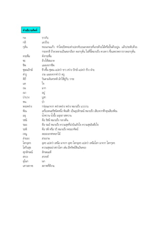 คําอธิบายศัพท
กล ราวกับ
กลี เลวราย
กุดั่น ทองแกมแกว ทําโดยปดทองคําเปลวทับบนลวดลายที่แกะดวยไมหรือปนดวยปูน แลวประดับดวย
กระจกสี ถาลวดลายเปนดอกเรียก ดอกกุดั่น ในที่นี้หมายถึง ดวงดาว ซึ่งแพรวพราวราวดอกกุดั่น
คระหึม ดังกระหึ่ม
ชะ ลางใหสะอาด
ชิพ แผลงจากชีพ
ชุษณปกษ ขางขึ้น ชุษณ แปลวา ขาว สวาง ปกษ แปลวา ขาง ฝาย
ดํารู งาม แผลงจากคําวา ตรู
ดิถี วันตามจันทรคติ มักใชคูกับ วาระ
แด ใจ
ถม มาก
เนา อยู
บําบวง บูชา
พน ปา
พระพราง กรอนมาจาก พรางพราง พราง หมายถึง แวววาบ
พิณ เครื่องดนตรีชนิดหนึ่ง พิณฟา เปนอุปลักษณ หมายถึง เสียงจากฟาดุจเสียงพิณ
มธุ นํ้าหวาน นํ้าผึ้ง มธุรส รสหวาน
รชนิ คือ รัชนี หมายถึง กลางคืน
รมย คือ รมย หมายถึง ความสุขที่นาบันเทิงใจ ความสุขอันพึงใจ
ระพิ คือ รพี หรือ รวี หมายถึง พระอาทิตย
เรณู ละอองเกสรดอกไม
ลํายอง สวยงาม
โลกอุดร อุดร แปลวา เหนือ มาจาก อุตร โลกอุดร แปลวา เหนือโลก มาจาก โลกกุตร
โลกียสุข ความสุขอยางชาวโลก เชน มีทรัพยสินเงินทอง
ศุภลักษณ ลักษณะดี
สรวง สวรรค
สุโนก นก
เสาวสภาพ สภาพที่ดีงาม
BOBBYtutor Thai Note
 