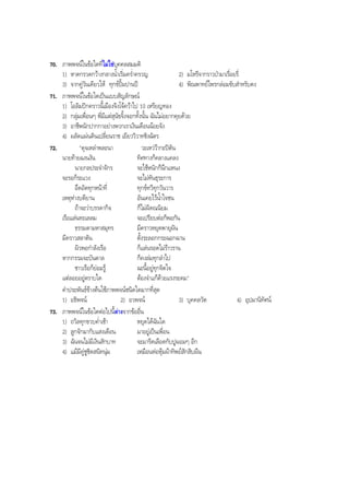 70. ภาพพจนในขอใดที่ไมใชบุคคลสมมติ
1) หาดกรวดกวางกลางนํ้าเริ่มครํ่าครวญ 2) มโหรีจากราวปามาเรื่อยรี่
3) จากคูวันเดียวให ทุกขปมปานป 4) พิณพาทยไพรกลอมขับสําหรับดง
71. ภาพพจนในขอใดเปนแบบสัญลักษณ
1) โอลิมปกคราวนี้เมืองจิงโจควาไป 10 เหรียญทอง
2) กลุมเพื่อนๆ พี่มีแตสุนัขจิ้งจอกทั้งนั้น ฉันไมอยากคุยดวย
3) อาชีพนักปากกาอยางพวกเราเงินเดือนนอยจัง
4) ผลัดแผนดินเปลี่ยนราช เยียววิวาทชิงฉัตร
72. "ดุจเหลาพละนา วะเหววากะปตัน
นายทายฉงนงัน ทิศทางก็คลางแคลง
นายกลประจําจักร จะใชหนักก็นึกแหนง
จะรอก็ระแวง จะไมทันธุระการ
อึดอัดทุกหนาที่ ทุกขทวีทุกวันวาร
เหตุหางบดียาน อันเคยไวนํ้าใจชน
ถาจะวาบรรดากิจ ก็ไมผิดณนิยม
เรือแลนทะเลลม จะเปรียบตอก็พอกัน
ธรรมดามหาสมุทร มีคราวหยุดพายุผัน
มีคราวสลาตัน ตั้งระลอกกระฉอกฉาน
ผิวพอกําลังเรือ ก็แลนรอดไมราวราน
หากกรรมจะบันดาล ก็คงลมทุกลําไป
ชาวเรือก็ยอมรู ฉะนี้อยูทุกจิตใจ
แตลอยอยูตราบใด ตองจําแกดวยแรงระดม"
คําประพันธขางตนใชภาพพจนชนิดใดมากที่สุด
1) อธิพจน 2) อวพจน 3) บุคคลวัต 4) อุปมานิทัศน
73. ภาพพจนในขอใดตอไปนี้ตางจากขออื่น
1) ถวิลทุกขวบคํ่าเชา หยุดไดฉันใด
2) ลูกจักมากับแสงเดือน มาอยูเปนเพื่อน
3) ฉันจนไมมีเงินสักบาท จะมารีดเลือดกับปูผอมๆ อีก
4) แมมีคูชูชิดสนิทนุม เหมือนหอหุมผาทิพยสักสิบผืน
BOBBYtutor Thai Note
 