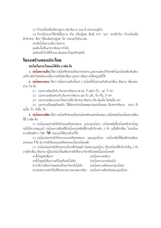 3.3 ทายประโยคตองมีคําอนุภาค เชน ซินะ นา เถอะ สิ ประกอบอยูดวย
3.4 ถาประโยคบอกใหทํามีเนื้อความ หาม หรือปฏิเสธ ตองมี คําวา "อยา" นําหนากริยา ถาประโยคนั้น
มีกริยาชวย "ตอง" ก็ตองเติมคําปฏิเสธ "ไม" ประกอบไปดวย เชน
อยาเดินไปในทางเปลี่ยว อันตราย
คุณตองไมเห็นแกพวกพองมากเกินไป
เธอชวยเฝาบานใหดวยนะ ฉันจะออกไปธุระสักครูหนึ่ง
โครงสรางของประโยค
ประโยคในภาษาไทยแบงไดเปน 3 ชนิด คือ
1. ประโยคความเดียว ไดแก ประโยคที่ประกอบดวยภาคประธาน และภาคแสดง มีกริยาหลักในประโยคเพียงตัวเดียว
แตก็อาจมีคําวิเศษณขยายเนื้อความหรือมีคําเชื่อม (บุพบท) เสริมความใหสมบูรณก็ได
2. ประโยคความรวม ไดแก ประโยคความเดียวตั้งแต 2 ประโยคขึ้นไปมารวมกันดวยคําเชื่อม (สันธาน) เพื่อเจตนา
ตางๆ กัน คือ
2.1 บอกความขัดแยงกัน สังเกตจากสันธาน แต แต...ก็ แตทวา ถึง... แต...ก็ ฯลฯ
2.2 บอกความคลอยตามกัน สังเกตจากสันธาน และ กับ แลว...จึง ครั้น...ก็ ฯลฯ
2.3 บอกความเลือกเอาอยางใดอยางหนึ่ง สังเกตจากสันธาน หรือ มิฉะนั้น ไมเชนนั้น ฯลฯ
2.4 บอกความเปนเหตุเปนผลกัน (ใหสังเกตวาประโยคเหตุมากอนประโยคผล) สังเกตจากสันธาน เพราะ...จึง
ฉะนั้น...จึง ดังนั้น...จึง
3. ประโยคความซอน ไดแก ประโยคที่ประกอบดวยประโยคหลักและประโยคยอย ประโยคยอยในประโยคความซอน
นี้มี 3 ชนิด คือ
3.1 ประโยคยอยทําหนาที่คลายนามหรือสรรพนาม (นามานุประโยค) ประโยคชนิดนี้ประโยคหลักสวนใหญ
จะไมไดความสมบูรณ ประโยคความซอนที่มีประโยคยอยชนิดนี้มักจะมีกริยาหลัก 2 ตัว แตไมมีคําเชื่อม ในประโยค
ความซอนมีคําวา "วา" "ให" ประกอบใหสังเกตดวยก็ได
3.2 ประโยคยอยทําหนาที่ประกอบนามหรือสรรพนาม (คุณานุประโยค) ประโยคชนิดนี้ตองมีคําประพันธ-
สรรพนาม ที่ ซึ่ง อัน ทําหนาที่แทนนามหรือสรรพนามในประโยคหลัก
3.3 ประโยคยอยทําหนาที่ประกอบกริยาหรือวิเศษณ (วิเศษณานุประโยค) เปนประโยคที่มีกริยาสําคัญ 2 ตัว
อาจมีคําเชื่อม (สันธาน) อยูในประโยคไดแตตองทําหนาที่ขยายกริยาหรือวิเศษณในประโยคหลัก
เขาตั้งใจดูหนังสือมาก (ประโยคความเดียว)
เขาตั้งใจดูหนังสือมากแตก็ยังเตรียมตัวไมทัน (ประโยคความรวมขัดแยง)
ขาววามีการเลื่อนกําหนดสอบเขามหาวิทยาลัยไมจริง (ประโยคความซอนนามานุประโยค)
เขาประสบความสําเร็จในชีวิตเพราะความมานะพากเพียร (ประโยคความซอนวิเศษณานุประโยค)
BOBBYtutor Thai Note
 