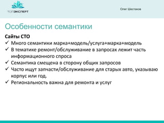 Олег Шестаков
Особенности семантики
Сайты СТО
 Много семантики марка+модель/услуга+марка+модель
 В тематике ремонт/обслуживание в запросах лежит часть
информационного спроса
 Семантика смещена в сторону общих запросов
 Часто ищут запчасти/обслуживание для старых авто, указываю
корпус или год.
 Региональность важна для ремонта и услуг
 