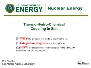 Thermo-Hydro-Chemical
Coupling in Salt
Phil Stauffer
Los Alamos National Laboratory
(0) WHY the given process model is important to PA
(1) Integration progress made during FY16
(2) HOW the process model can be coupled to the GDSA-PA
framework in FY17 and beyond.
 