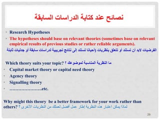‫السابقة‬ ‫الدراسات‬ ‫كتابة‬ ‫عند‬ ‫نصائح‬
• Research Hypotheses
• The hypotheses should base on relevant theories (sometimes base on relevant
empirical results of previous studies or rather reliable arguments).
‫بنظريات‬ ‫تتعلق‬ ‫أو‬ ‫تستند‬ ‫أن‬ ‫البد‬ ‫الفرضيات‬
(
‫جدلي‬ ‫أو‬ ‫سابقة‬ ‫لدراسات‬ ‫تجريبية‬ ‫نتائج‬ ‫إلى‬ ‫تستند‬ ‫أحيانا‬
‫ات‬
‫ثابتة‬
Which theory suits your topic? ‫؟‬ ‫لموضوعك‬ ‫المناسبة‬ ‫النظرية‬ ‫ما‬
• Capital market theory or capital need theory
• Agency theory
• Signalling theory
• ………………….etc.
Why might this theory be a better framework for your work rather than
others? ‫؟‬ ‫األخرى‬ ‫النظريات‬ ‫من‬ ‫لعملك‬ ‫أفضل‬ ‫عمل‬ ‫إطار‬ ‫النظرية‬ ‫هذه‬ ‫اعتبار‬ ‫يمكن‬ ‫لماذا‬
29
 
