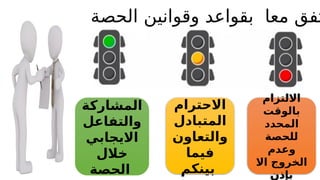 ‫االلتزام‬
‫بالوقت‬
‫المحدد‬
‫للحصة‬
‫وعدم‬
‫اال‬ ‫الخروج‬
‫بإذن‬
‫المشاركة‬
‫والتفاعل‬
‫االيجابي‬
‫خالل‬
‫الحصة‬
‫االحترام‬
‫المتبادل‬
‫والتعاون‬
‫فيما‬
‫بينكم‬
‫الحصة‬ ‫وقوانين‬ ‫بقواعد‬ ‫معا‬ ‫تفق‬
 