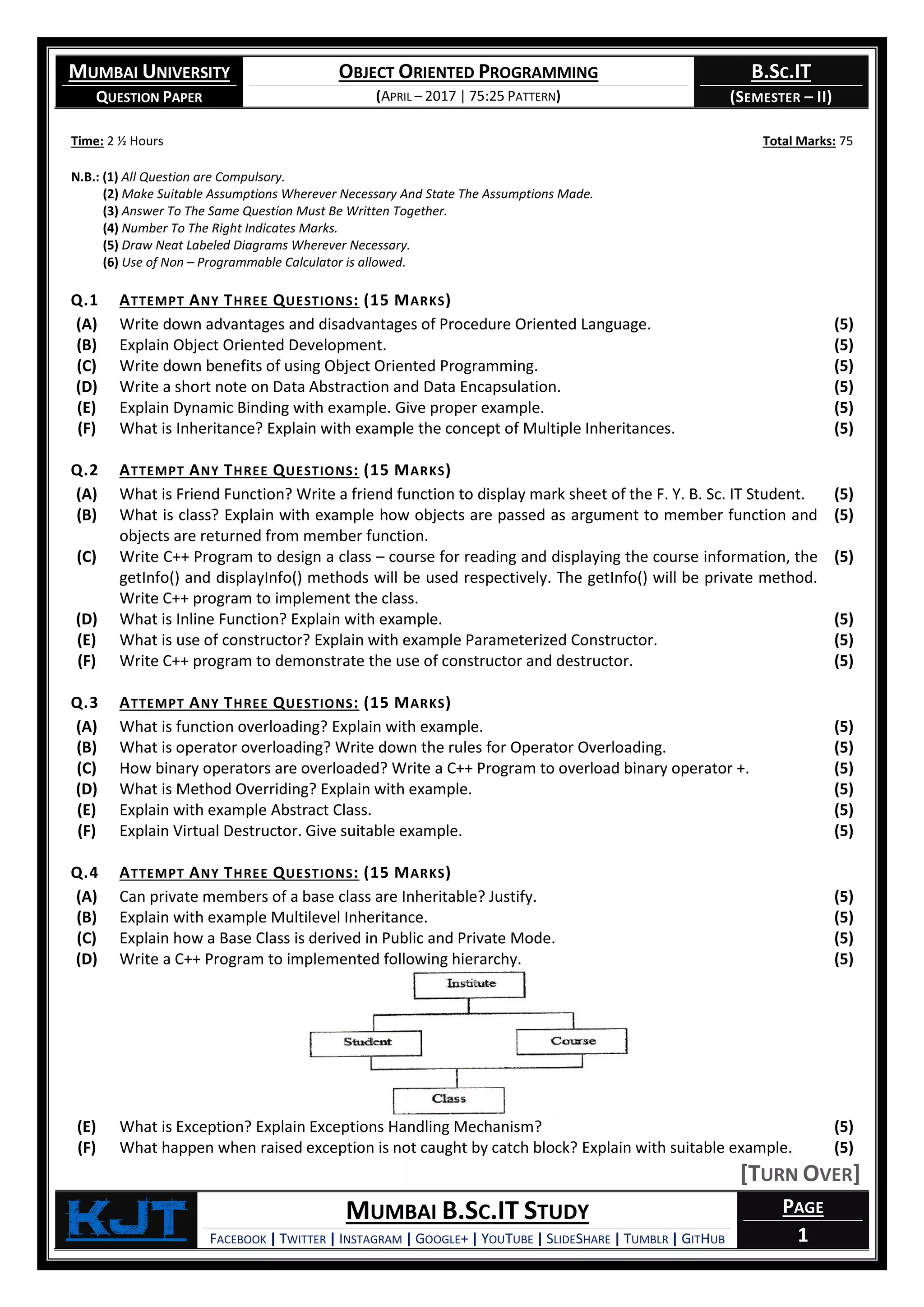 Object Oriented Programming (Question Paper) [April – 2017 | 75:25 ...