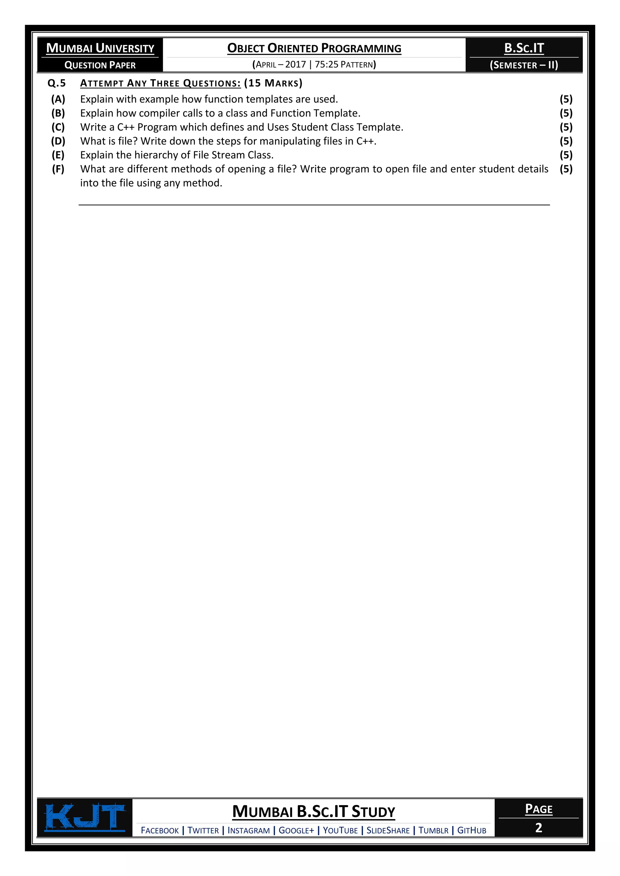 Object Oriented Programming (Question Paper) [April – 2017 | 75:25 ...