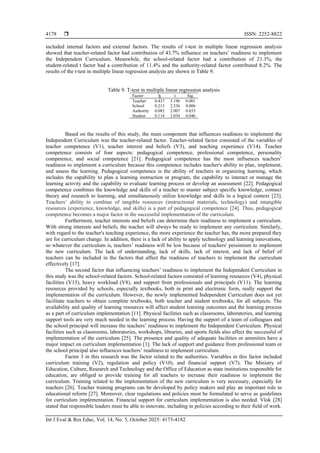 Factor influencing of teachers’ readiness to implement the Independent ...