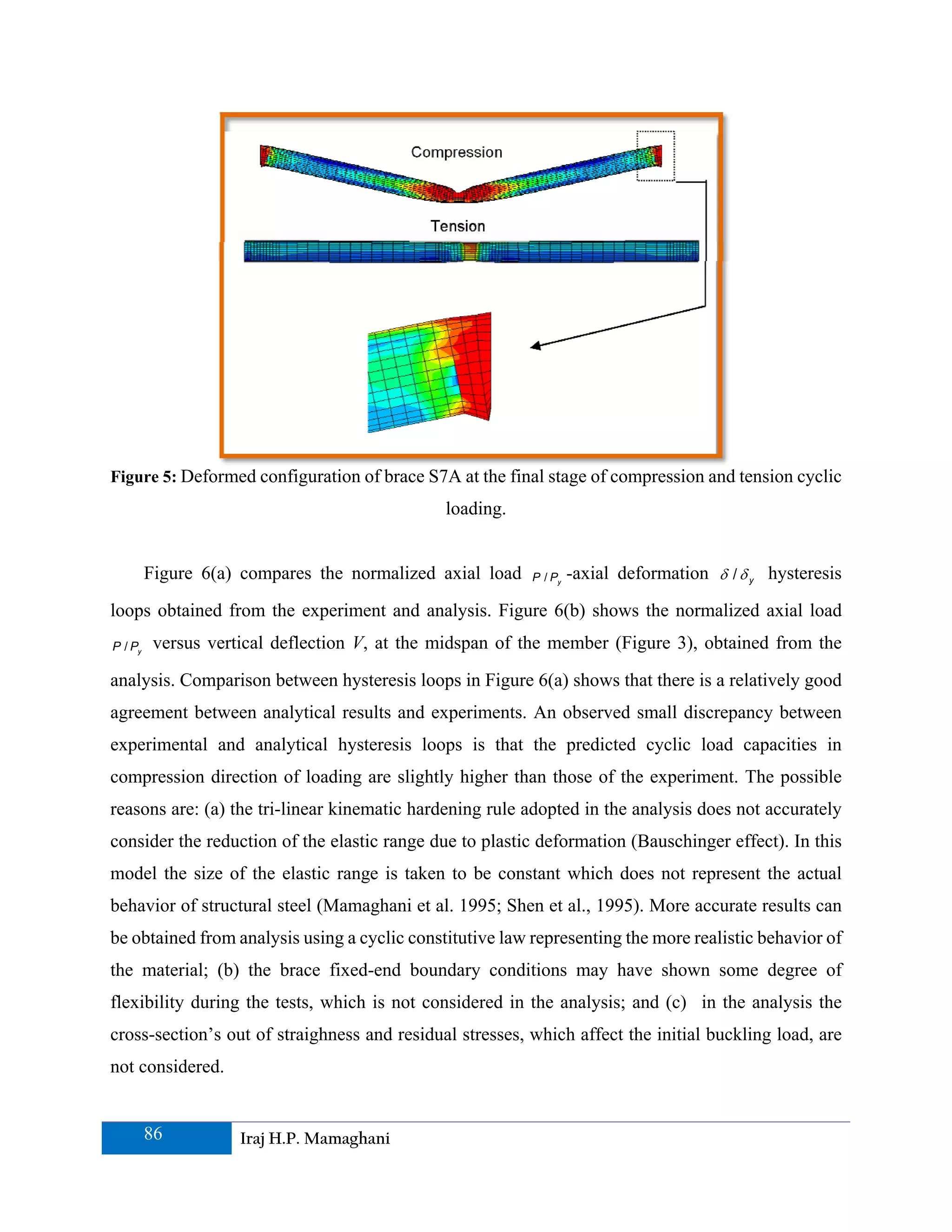 Figure 5: Deformed configuration of brace S7A at the final stage of compression and tension cyclic
                                               loading.


         Figure 6(a) compares the normalized axial load   P / Py   -axial deformation δ / δ y hysteresis
loops obtained from the experiment and analysis. Figure 6(b) shows the normalized axial load
P / Py    versus vertical deflection V, at the midspan of the member (Figure 3), obtained from the

analysis. Comparison between hysteresis loops in Figure 6(a) shows that there is a relatively good
agreement between analytical results and experiments. An observed small discrepancy between
experimental and analytical hysteresis loops is that the predicted cyclic load capacities in
compression direction of loading are slightly higher than those of the experiment. The possible
reasons are: (a) the tri-linear kinematic hardening rule adopted in the analysis does not accurately
consider the reduction of the elastic range due to plastic deformation (Bauschinger effect). In this
model the size of the elastic range is taken to be constant which does not represent the actual
behavior of structural steel (Mamaghani et al. 1995; Shen et al., 1995). More accurate results can
be obtained from analysis using a cyclic constitutive law representing the more realistic behavior of
the material; (b) the brace fixed-end boundary conditions may have shown some degree of
flexibility during the tests, which is not considered in the analysis; and (c) in the analysis the
cross-section’s out of straighness and residual stresses, which affect the initial buckling load, are
not considered.


         86          Iraj H.P. Mamaghani
 