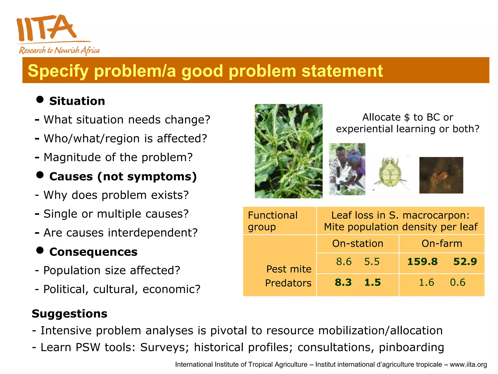 Specify problem/a good problem statement
 Situation
- What situation needs change?                                                           Allocate $ to BC or
                                                                                    experiential learning or both?
- Who/what/region is affected?
- Magnitude of the problem?
 Causes (not symptoms)
- Why does problem exists?
- Single or multiple causes?                        Functional                  Leaf loss in S. macrocarpon:
                                                    group                      Mite population density per leaf
- Are causes interdependent?
                                                                                  On-station                      On-farm
 Consequences
                                                                                    8.6       5.5            159.8           52.9
- Population size affected?                               Pest mite
                                                          Predators                8.3        1.5                1.6        0.6
- Political, cultural, economic?

Suggestions
- Intensive problem analyses is pivotal to resource mobilization/allocation
- Learn PSW tools: Surveys; historical profiles; consultations, pinboarding
                           International Institute of Tropical Agriculture – Institut international d’agriculture tropicale – www.iita.org
 