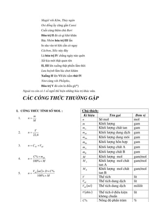 Magiê với Kẽm, Thủy ngân
Oxi đồng ấy cũng gần Canxi
Cuối cùng thêm chú Bari
Hóa trị II đó có gì khó khăn
Bác Nhôm hóa trị III lần
In sâu vào trí khi cần có ngay
Cácbon, Silic này đây
Là hóa trị IV chẳng ngày nào quên
Sắt kia mới thật quen tên
II, III lên xuống thật phiền lắm thôi
Lưu huỳnh lắm lúc chơi khăm
Xuống II lên VI khi nằm thứ IV
Nitơ cùng với Phốtpho,
Hóa trị V đó còn lo điều gì(*)
Ngoài ra còn có 1 số ngtố thể hiện những hóa trị khác nữa.
C¸c c«ng thøc th­êng gÆp
I. C«ng thøc tÝnh sè mol :
1.
M
m
n 
2.
4
,
22
V
n 
3. dd
M V
C
n 

4.
M
m
C
n dd



%
100
%
5.
 
M
C
D
ml
V
n dd




%
100
%
Chó thÝch:
KÝ hiÖu Tªn gäi §¬n vÞ
n Sè mol mol
m Khèi l­îng gam
ct
m Khèi l­îng chÊt tan gam
dd
m Khèi l­îng dung dÞch gam
dm
m Khèi l­îng dung m«i gam
hh
m Khèi l­îng hçn hîp gam
A
m Khèi l­îng chÊt A gam
B
m Khèi l­îng chÊt B gam
M Khèi l­îng mol gam/mol
A
M Khèi l­îng mol chÊt
tan A
gam/mol
B
M Khèi l­îng mol chÊt
tan B
gam/mol
V ThÓ tÝch lÝt
dd
V ThÓ tÝch dung dÞch lÝt
 
ml
Vdd ThÓ tÝch dung dÞch mililÝt
 
dkkc
V ThÓ tÝch ë ®iÒu kiÖn
kh«ng chuÈn
lÝt
%
C Nång ®é phÇn tr¨m %
 