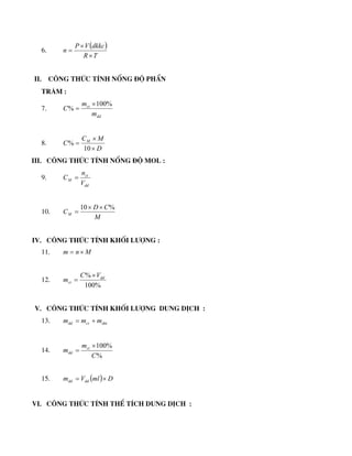6.
 
T
R
dkkc
V
P
n



II. C«ng thøc tÝnh nång ®é phÇn
tr¨m :
7.
dd
ct
m
m
C
%
100
%


8.
D
M
C
C M



10
%
III. C«ng thøc tÝnh nång ®é mol :
9.
dd
ct
M
V
n
C 
10.
M
C
D
CM
%
10 


IV. C«ng thøc tÝnh khèi l­îng :
11. M
n
m 

12.
%
100
% dd
ct
V
C
m


V. C«ng thøc tÝnh khèi l­îng dung dÞch :
13. dm
ct
dd m
m
m 

14.
%
%
100
C
m
m ct
dd


15.   D
ml
V
m dd
dd 

VI. C«ng thøc tÝnh thÓ tÝch dung dÞch :
 
