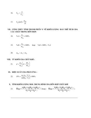 16.
M
dd
C
n
V 
17.  
D
m
ml
V dd
dd 
VII. C«ng thøc tÝnh thµnh phÇn % vÒ khèi l­îng hay thÓ tÝch c®a
c¸c chÊt trong hçn hîp:
18. %
100
% 

hh
A
m
m
A
19. %
100
% 

hh
B
m
m
B hoÆc A
B %
%
100
% 

20. B
A
hh m
m
m 

VIII. Tû khèi c®a chÊt khÝ :
21. 









B
A
B
A
M
M
d
m
m
d
IX. HiÖu suÊt c®a ph¶n øng :
22.
 
%
100

)

(
% 

lt
lt
tt
tt
tt
V
n
mlt
V
n
m
H
X. TÝnh khèi l­îng mol trung b×nh c®a hçn hîp chÊt khÝ
23.
n M + n M + n M +...
1 1 2 2 3 3
M =
hh
n + n + n +...
1 2 3
(hoÆc)
V M + V M + V M +...
1 1 2 2 3 3
M =
hh
V + V + V +...
1 2 3
)
 