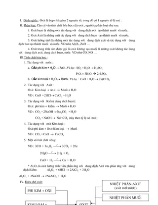 I. §Þnh nghÜa : Oxit lµ hîp chÊt gåm 2 nguyªn tè, trong ®ã cã 1 nguyªn tè lµ oxi .
II. Ph©n lo¹i: C¨n cø vµo tÝnh chÊt hãa häc c®a oxit , ng­êi ta ph©n lo¹i nh­ sau:
1. Oxit baz¬ lµ nh÷ng oxit t¸c dông víi dung dÞch axit t¹o thµnh muèi vµ n­íc.
2. Oxit Axit lµ nh÷ng oxit t¸c dông víi dung dÞch baz¬ t¹o thµnh muèi vµ n­íc.
3. Oxit l­ìng tÝnh lµ nh÷ng oxit t¸c dông víi dung dÞch axit vµ t¸c dông víi dung
dÞch baz t¹o thµnh muèi vµ n­íc. VD nh­ Al2O3, ZnO …
4. Oxit trung tÝnh cßn ®­îc gäi lµ oxit kh«ng t¹o muèi lµ nh÷ng oxit kh«ng t¸c dông
víi dung dÞch axit, dung dÞch baz¬, n­íc. VD nh­ CO, NO …
III.TÝnh chÊt hãa häc :
1. T¸c dông víi n­íc :
a. 
2
OÂ
xit phi kim+H O Axit .VÝ dô : 3 2 2 4
SO +H O H SO

P2O5 + 3H2O  2H3PO4
b. 
2
OÂ
xit kim loaï
i +H O Bazô. VÝ dô : 2 2
CaO + H O Ca(OH)

2. T¸c dông víi Axit :
Oxit Kim lo¹i + Axit  Muèi + H2O
VD : 2 2
CuO +2HCl CuCl + H O

3. T¸c dông víi KiÒm( dung dÞch baz¬):
Oxit phi kim + KiÒm  Muèi + H2O
VD : 2 2 3 2
CO +2NaOH Na CO +H O

2 3
CO + NaOH NaHCO
 (tïy theo tû lÖ sè mol)
4. T¸c dông víi oxit Kim lo¹i :
Oxit phi kim + Oxit Kim lo¹i  Muèi
VD : 2 3
CO +CaO CaCO

5. Mét sè tÝnh chÊt riªng:
VD :
o
t
2 3 2
3CO + Fe O 3CO + 2Fe


o
t
2
2HgO 2Hg + O


o
t
2 2
CuO + H Cu + H O


* Al2O3 lµ oxit l­ìng tÝnh: võa ph¶n øng víi dung dÞch AxÝt võa ph¶n øng víi dung
dÞch KiÒm: 2 3 3 2
Al O + 6HCl 2AlCl + 3H O

2 3 2 2
Al O + 2NaOH 2NaAlO + H O

IV. §iÒu chÕ oxit:
Phi kim + oxi
NhiÖt ph©n muèi
NhiÖt ph©n Axit
(axit mÊt n­íc)
 