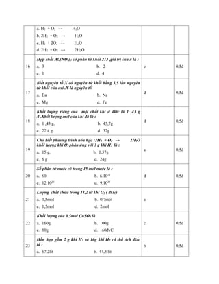 a. H2 + O2 → H2O
b. 2H2 + O2 → H2O
c. H2 + 2O2 → H2O
d. 2H2 + O2 → 2H2O
16
Hợp chất Alx(NO3)3 có phân tử khối 213 ,giá trị của x là :
a. 3 b. 2
c. 1 d. 4
c 0,5đ
17
Biết nguyên tố X có nguyên tử khối bằng 3,5 lần nguyên
tử khối của oxi .X là nguyên tố
a. Ba b. Na
c. Mg d. Fe
d 0,5đ
18
Khối lượng riêng của một chất khí ở đktc là 1 ,43 g
/l .Khối lượng mol của khí đó là :
a. 1 ,43 g. b. 45,7g
c. 22,4 g d. 32g
d 0,5đ
19
Cho biết phương trình hóa học :2H2 + O2 → 2H2O
khối lượng khí O2 phản ứng với 3 g khí H2 là :
a. 15 g. b. 0,37g
c. 6 g d. 24g
a 0,5đ
20
Số phân tử nước có trong 15 mol nước là :
a. 60 b. 6.1023
c. 12.1023
d. 9.1023
d 0,5đ
21
Lượng chất chứa trong 11,2 lít khí O2 ( đktc)
a. 0,5mol b. 0,7mol
c. 1,5mol d. 2mol
a
22
Khối lượng của 0,5mol CuSO4 là
a. 160g. b. 100g
c. 80g d. 160đvC
c 0,5đ
23
Hỗn hợp gồm 2 g khí H2 và 16g khí H2 có thể tích đktc
là :
a. 67,2lit b. 44,8 lit
b 0,5đ
 