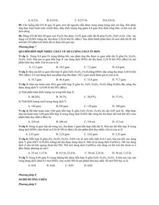A. 0,2 lít. B. 0,24 lít. C. 0,237 lít. D.0,336 lít.
05. Cho luồng khí CO đi qua 16 gam oxit sắt nguyên chất được nung nóng trong một cái ống. Khi phản
ứng thực hiện hoàn toàn và kết thúc, thấy khối lượng ống giảm 4,8 gam.Xác định công thức và tên oxit sắt
đem dùng.
06. Dùng CO để khử 40 gam oxit Fe2O3 thu được 33,92 gam chất rắn B gồm Fe2O3, FeO và Fe. Cho tác
dụng với H2SO4 loãng dư, thu được 2,24 lít khí H2 (đktc). Xác định thành phần theo số mol chất rắn B, thể
tích khí CO (đktc) tối thiểu để có được kết quả này.
Phương pháp 7
QUI ĐỔI HỖN HỢP NHIỀU CHẤT VỀ SỐ LƯỢNG CHẤT ÍT HƠN
Ví dụ 1: Nung 8,4 gam Fe trong không khí, sau phản ứng thu được m gam chất rắn X gồm Fe, Fe2O3,
Fe3O4, FeO. Hòa tan m gam hỗn hợp X vào dung dịch HNO3 dư thu được 2,24 lít khí NO2 (đktc) là sản
phẩm khử duy nhất. Giá trị của m là
A. 11,2 gam. B. 10,2 gam. C. 7,2 gam. D. 6,9 gam.
Ví dụ 2: Hòa tan hết m gam hỗn hợp X gồm FeO, Fe2O3, Fe3O4 bằng HNO3 đặc nóng thu được 4,48 lít khí
NO2 (đktc). Cô cạn dung dịch sau phản ứng thu được 145,2 gam muối khan giá trị của m là
A. 35,7 gam. B. 46,4 gam. C. 15,8 gam. D. 77,7 gam.
Ví dụ 3: Hòa tan hoàn toàn 49,6 gam hỗn hợp X gồm Fe, FeO, Fe2O3, Fe3O4 bằng H2SO4 đặc nóng thu
được dung dịch Y và 8,96 lít khí SO2 (đktc).
a) Tính phần trăm khối lượng oxi trong hỗn hợp X.
A. 40,24%. B. 30,7%. C. 20,97%. D. 37,5%.
b) Tính khối lượng muối trong dung dịch Y.
A. 160 gam. B.140 gam. C. 120 gam. D. 100 gam.
Ví dụ 4: Để khử hoàn toàn 3,04 gam hỗn hợp X gồm FeO, Fe2O3, Fe3O4 thì cần 0,05 mol H2. Mặt khác
hòa tan hoàn toàn 3,04 gam hỗn hợp X trong dung dịch H2SO4 đặc nóng thì thu được thể tích khí SO2 (sản
phẩm khử duy nhất ở đktc) là.
A. 224 ml. B. 448 ml. C. 336 ml. D. 112 ml.
Ví dụ 5: Nung m gam bột sắt trong oxi, thu được 3 gam hỗn hợp chất rắn X. Hòa tan hết hỗn hợp X trong
dung dịch HNO3 (dư) thoát ra 0,56 lít NO (ở đktc) (là sản phẩm khử duy nhất). Giá trị của m là
A. 2,52 gam. B. 2,22 gam. C. 2,62 gam. D. 2,32 gam.
Ví dụ 6: Hỗn hợp X gồm (Fe, Fe2O3, Fe3O4, FeO) với số mol mỗi chất là 0,1 mol, hòa tan hết vào dung
dịch Y gồm (HCl và H2SO4 loãng) dư thu được dung dịch Z. Nhỏ từ từ dung dịch Cu(NO3)2 1M vào dung
dịch Z cho tới khi ngưng thoát khí NO. Thể tích dung dịch Cu(NO3)2 cần dùng và thể tích khí thoát ra ở
đktc thuộc phương án nào?
A. 25 ml; 1,12 lít. B. 0,5 lít; 22,4 lít. C. 50 ml; 2,24 lít. D. 50 ml; 1,12 lít.
Ví dụ 7: Nung 8,96 gam Fe trong không khí được hỗn hợp A gồm FeO, Fe3O4, Fe2O3. A hòa tan vừa vặn
trong dung dịch chứa 0,5 mol HNO3, bay ra khí NO là sản phẩm khử duy nhất. Số mol NO bay ra là.
A. 0,01. B. 0,04. C. 0,03. D. 0,02.
Phương pháp 8
SƠ ĐỒ ĐƯỜNG CHÉO
Phương pháp 9
 