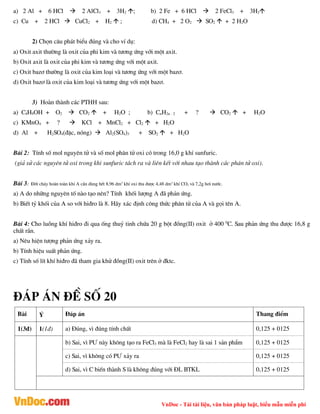 VnDoc - Tải tài liệu, văn bản pháp luật, biểu mẫu miễn phí
a) 2 Al + 6 HCl  2 AlCl3 + 3H2 ; b) 2 Fe + 6 HCl  2 FeCl3 + 3H2
c) Cu + 2 HCl  CuCl2 + H2  ; d) CH4 + 2 O2  SO2  + 2 H2O
2) Chän c©u ph¸t biÓu ®óng vµ cho vÝ dô:
a) Oxit axit th­êng lµ oxit cña phi kim vµ t­¬ng øng víi mét axit.
b) Oxit axit lµ oxit cña phi kim vµ t­¬ng øng víi mét axit.
c) Oxit baz¬ th­êng lµ oxit cña kim lo¹i vµ t­¬ng øng víi mét baz¬.
d) Oxit baz¬ lµ oxit cña kim lo¹i vµ t­¬ng øng víi mét baz¬.
3) Hoµn thµnh c¸c PTHH sau:
a) C4H9OH + O2  CO2  + H2O ; b) CnH2n - 2 + ?  CO2  + H2O
c) KMnO4 + ?  KCl + MnCl2 + Cl2  + H2O
d) Al + H2SO4(®Æc, nãng)  Al2(SO4)3 + SO2  + H2O
Bµi 2: TÝnh sè mol nguyªn tö vµ sè mol ph©n tö oxi cã trong 16,0 g khÝ sunfuric.
(gi¶ sö c¸c nguyªn tö oxi trong khÝ sunfuric t¸ch ra vµ liªn kÕt víi nhau t¹o thµnh c¸c ph©n tö oxi).
Bµi 3: §èt ch¸y hoµn toµn khÝ A cÇn dïng hÕt 8,96 dm3
khÝ oxi thu ®­îc 4,48 dm3
khÝ CO2 vµ 7,2g h¬i n­íc.
a) A do nh÷ng nguyªn tè nµo t¹o nªn? TÝnh khèi l­îng A ®· ph¶n øng.
b) BiÕt tû khèi cña A so víi hi®ro lµ 8. H·y x¸c ®Þnh c«ng thøc ph©n tö cña A vµ gäi tªn A.
Bµi 4: Cho luång khÝ hi®ro ®i qua èng thuû tinh chøa 20 g bét ®ång(II) oxit ë 400 0
C. Sau ph¶n øng thu ®­îc 16,8 g
chÊt r¾n.
a) Nªu hiÖn t­îng ph¶n øng x¶y ra.
b) TÝnh hiÖu suÊt ph¶n øng.
c) TÝnh sè lÝt khÝ hi®ro ®· tham gia khö ®ång(II) oxit trªn ë ®ktc.
®¸p ¸n ®Ò sè 20
Bµi ý §¸p ¸n Thang ®iÓm
1(3®) 1(1®) a) §óng, v× ®óng tÝnh chÊt 0,125 + 0125
b) Sai, v× P¦ nµy kh«ng t¹o ra FeCl3 mµ lµ FeCl2 hay lµ sai 1 s¶n phÈm 0,125 + 0125
c) Sai, v× kh«ng cã P¦ x¶y ra 0,125 + 0125
d) Sai, v× C biÕn thµnh S lµ kh«ng ®óng víi §L BTKL 0,125 + 0125
 