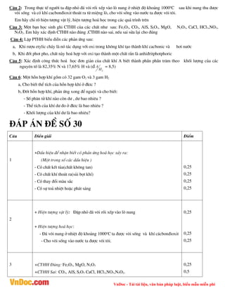 VnDoc - Tải tài liệu, văn bản pháp luật, biểu mẫu miễn phí
C©u 2: Trong thùc tÕ ng­êi ta ®Ëp nhá ®¸ v«i råi xÕp vµo lß nung ë nhiÖt ®é kho¶ng 1000o
C sau khi nung thu ®­îc
v«i sèng vµ cã khÝ cacbon®ioxit tho¸t ra tõ miÖng lß, cho v«i sèng vµo n­íc ta ®­îc v«i t«i.
Em h·y chØ râ hiÖn t­îng vËt lý, hiÖn t­îng ho¸ häc trong c¸c qu¸ tr×nh trªn
C©u 3: Mét b¹n häc sinh ghi CTHH cña c¸c chÊt nh­ sau: Fe2O3, CO3, AlS, S2O3, MgO, N2O3, CaCl, HCl3,NO3,
N5O2. Em h·y x¸c ®Þnh CTHH nµo ®óng ,CTHH nµo sai, nÕu sai söa l¹i cho ®óng
C©u 4: LËp PTHH biÓu diÔn c¸c ph¶n øng sau:
a, Khi r­îu etylic ch¸y lµ nã t¸c dông víi oxi trong kh«ng khÝ t¹o thµnh khÝ cacbonic vµ h¬i n­íc
b, Khi ®èt phot pho, chÊt nµy ho¸ hîp víi oxi t¹o thµnh mét chÊt r¾n lµ anhi®ritphotphoric
C©u 5: X¸c ®Þnh c«ng thøc ho¸ häc ®¬n gi¶n cña chÊt khÝ A biÕt thµnh phÇn phÇn tr¨m theo khèi l­îng cña c¸c
nguyªn tè lµ 82,35% N vµ 17,65% H vµ (d
2
H
A = 8,5)
C©u 6: Mét hçn hîp khÝ gåm cã 32 gam O2 vµ 3 gam H2
a, Cho biÕt thÓ tÝch cña hçn hîp khÝ ë ®ktc ?
b, §èt hçn hîp khÝ, ph¶n øng xong ®Ó nguéi vµ cho biÕt:
- Sè ph©n tö khÝ nµo cßn d­ , d­ bao nhiªu ?
- ThÓ tÝch cña khÝ d­ ®o ë ®ktc lµ bao nhiªu ?
- Khèi l­îng cña khÝ d­ lµ bao nhiªu?
®¸p ¸n ®Ò sè 30
C©u DiÔn gi¶i §iÓm
1
+DÊu hiÖu ®Ó nhËn biÕt cã ph¶n øng ho¸ häc x¶y ra:
(Mét trong sè c¸c dÊu hiÖu )
- Cã chÊt kÕt tña(chÊt kh«ng tan)
- Cã chÊt khÝ tho¸t ra(sñi bät khÝ)
- Cã thay ®æi mµu s¾c
- Cã sù to¶ nhiÖt hoÆc ph¸t s¸ng
0,25
0,25
0,25
0,25
2
+ HiÖn t­îng vËt lý: §Ëp nhá ®¸ v«i råi xÕp vµo lß nung
+ HiÖn t­îng ho¸ häc:
- §¸ v«i nung ë nhiÖt ®é kho¶ng 1000o
C ta ®­îc v«i sèng vµ khÝ c¸cbon®ioxit
- Cho v«i sèng vµo n­íc ta ®­îc v«i t«i.
0,25
0,25
0,25
3 +CTHH §óng: Fe2O3, MgO, N2O3
+CTHH Sai: CO3, AlS, S2O3 CaCl, HCl3,NO3,N5O2.
0,25
0,5
 