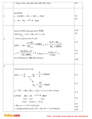 VnDoc - Tải tài liệu, văn bản pháp luật, biểu mẫu miễn phí
+ Söa l¹i: CO2, Al2S3, SO2 CaCl2, HCl, NO2, N2O5. 0,5
4
LËp PTHH
a, C2H5OH + 3O2 -> 2CO2 + 3H2O
b, 4P + 5O2 

o
t
2P2O5
0,5
0,5
5
+Gi¶ sö CTHH chung hîp chÊt A: NxHy
+BiÕt (d
2
H
A = 8,5) -> MA = 8,5. 2 = 17g
+ TÝnh sè nguyªn tö cña N vµ H:
ADCT: %N =
%
100


y
x H
N
N
M
M
x
->
%
100
%



N
H
N
M
M
N
x y
x
-> 1
%
100
14
17
%
35
,
82




x T­¬ng tù : y = 3
%
100
1
17
%
65
,
17



VËy CTHH ®óng lµ NH3 (KhÝ Am«ni¾c)
0,25
0,5
0, 5
0, 5
0, 5
0,25
6
+TÝnh sè mol cña O2 vµ H2
ADCT:
M
m
n  mol
nH 5
,
1
2
3
2


.
1
32
32
2
mol
nO 

a) -> Vh2
= (nH2 + nO2) x 22,4 = ( 1,5 +1) x 22,4 = 56 (lit)
b) PTHH: 2H2 + O2 

o
t
2H2O
2mol 1mol 2mol
1,5mol 0,75mol -> O2 d­
-> nO2 (d­) = 1- 0,75 = 0,25 (mol)
-> Sè ph©n tö khÝ O2 d­ lµ: 0,25 . 6,02 .1023
= 1,5.1023
ph©n tö
0, 5
0, 5
0, 5
0, 5
0,5
0,25
0,25
 