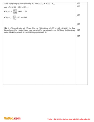 VnDoc - Tải tài liệu, văn bản pháp luật, biểu mẫu miễn phí
-Khèi l­îng dung dÞch sau ph¶n øng: mdd = m(hh kim lo¹i) + mddHCl - m 2
H
mdd = 5,5 + 100 - 0,2.2 = 105,1g
C%(AlCl 3 ) =
1
,
105
35
,
13
.100 12,7%
C%(FeCl 2 ) =
1
,
105
35
,
6
.100  6,04%
Chó ý: + Trong c¸c c©u, nÕu HS nªu thªm c¸c ý ®óng (hoÆc nÕu HS cã c¸ch gi¶i kh¸c) vÉn ®­îc
®iÓm nh­ng ®iÓm c¶ c©u kh«ng v­ît qu¸ sè ®iÓm quy ®Þnh cho c©u ®ã.Nh÷ng ý chÝnh trong
h­íng dÉn kh«ng nªu ®ñ th× c©u ®ã kh«ng ®¹t ®iÓm tèi ®a.
0,25
0,25
0,25
0,25
0,25
0,25
 