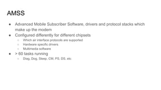 AMSS
● Advanced Mobile Subscriber Software, drivers and protocol stacks which
make up the modem
● Configured differently for different chipsets
○ Which air interface protocols are supported
○ Hardware specific drivers
○ Multimedia software
● > 60 tasks running
○ Diag, Dog, Sleep, CM, PS, DS, etc
 
