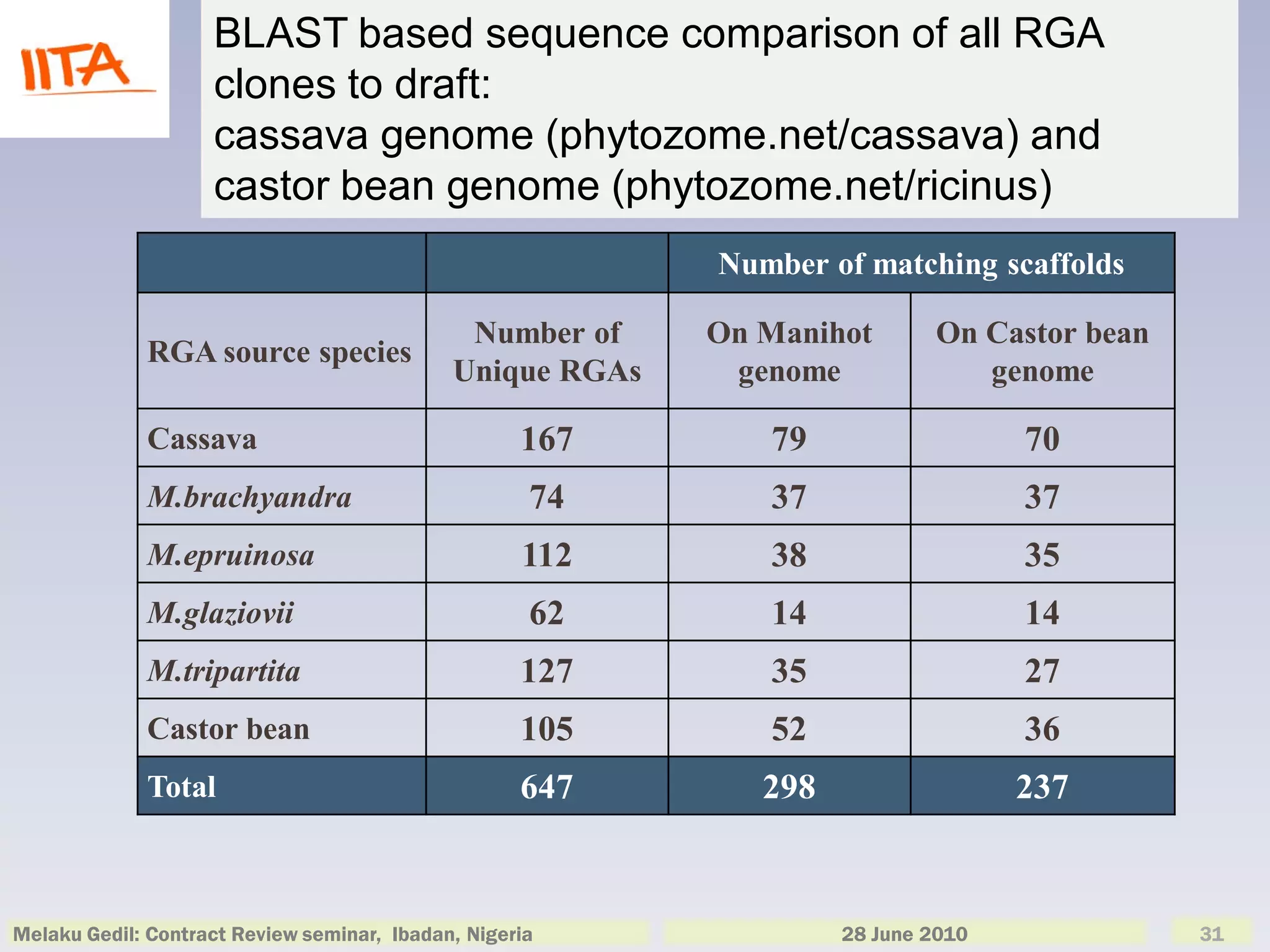 BLAST based sequence comparison of all RGA
                    clones to draft:
                    cassava genome (phytozome.net/cassava) and
                    castor bean genome (phytozome.net/ricinus)
                                                           Number of matching scaffolds

                                              Number of    On Manihot       On Castor bean
             RGA source species
                                             Unique RGAs    genome             genome

             Cassava                                167       79                   70
             M.brachyandra                           74       37                   37
             M.epruinosa                            112       38                   35
             M.glaziovii                             62       14                   14
             M.tripartita                           127       35                   27
             Castor bean                            105       52                   36
             Total                                  647       298                  237



Melaku Gedil: Contract Review seminar, Ibadan, Nigeria              28 June 2010             31
 