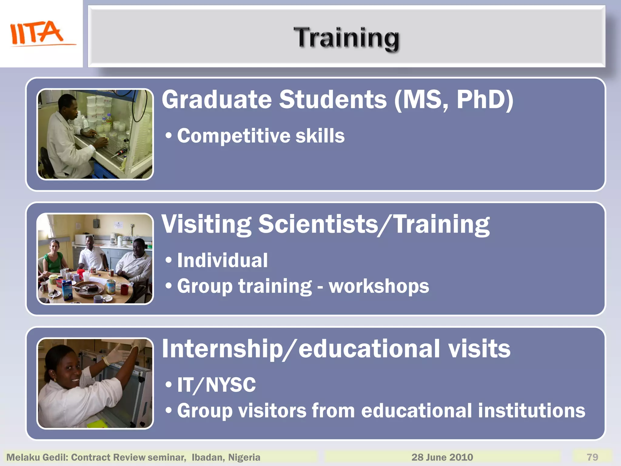 Graduate Students (MS, PhD)
                                •Competitive skills



                                Visiting Scientists/Training
                                •Individual
                                •Group training - workshops

                                Internship/educational visits
                                •IT/NYSC
                                •Group visitors from educational institutions

Melaku Gedil: Contract Review seminar, Ibadan, Nigeria    28 June 2010          79
 