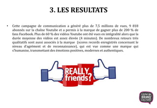 • Cette campagne de communication a généré plus de 7,5 millions de vues, 9 818
abonnés sur la chaîne Youtube et a permis à la marque de gagner plus de 200 % de
fans Facebook. Plus de 60 % des vidéos Youtube ont été vues en intégralité alors que la
durée moyenne des vidéos est assez élevée (4 minutes). De nombreux retours très
qualitatifs sont aussi associés à la marque (scores records enregistrés concernant le
niveau d’agrément et de reconnaissance), qui est vue comme une marque qui
s’humanise, transmettant des émotions positives, modernes et authentiques.
3. LES RESULTATS
 