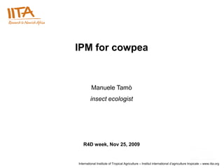 IPM for cowpea


         Manuele Tamò
         insect ecologist




   R4D week, Nov 25, 2009


International Institute of Tropical Agriculture – Institut international d’agriculture tropicale – www.iita.org
 