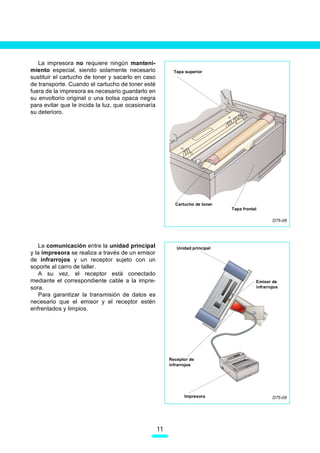La impresora no requiere ningún manteni-
miento especial, siendo solamente necesario                Tapa superior
sustituir el cartucho de toner y sacarlo en caso
de transporte. Cuando el cartucho de toner esté
fuera de la impresora es necesario guardarlo en
su envoltorio original o una bolsa opaca negra
para evitar que le incida la luz, que ocasionaría
su deterioro.




                                                           Cartucho de toner
                                                                               Tapa frontal

                                                                                                  D75-08




    La comunicación entre la unidad principal               Unidad principal
y la impresora se realiza a través de un emisor
de infrarrojos y un receptor sujeto con un
soporte al carro de taller.
    A su vez, el receptor está conectado
mediante el correspondiente cable a la impre-                                             Emisor de
sora.                                                                                     infrarrojos
    Para garantizar la transmisión de datos es
necesario que el emisor y el receptor estén
enfrentados y limpios.




                                                         Receptor de
                                                         infrarrojos




                                                               Impresora                          D75-09




                                                    11
 