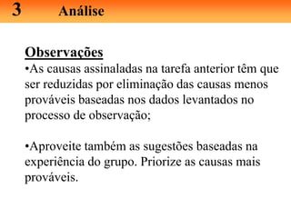 Observações
•As causas assinaladas na tarefa anterior têm que
ser reduzidas por eliminação das causas menos
prováveis baseadas nos dados levantados no
processo de observação;
•Aproveite também as sugestões baseadas na
experiência do grupo. Priorize as causas mais
prováveis.
3 Análise
 