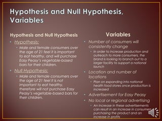 Hypothesis and Null Hypothesis
• Hypothesis:
• Male and female consumers over
the age of 21 feel it is important
to eat he...