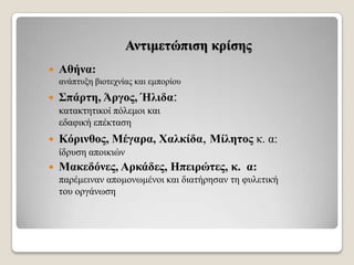 Αληηκεηώπηζε θξίζεο


Αζήλα:
αλάπηπμε βηνηερλίαο θαη εκπνξίνπ



΢πάξηε, Άξγνο, Ήιηδα:
θαηαθηεηηθνί πόιεκνη θαη
εδαθηθή επέθηαζε



Κόξηλζνο, Μέγαξα, Υαιθίδα, Μίιεηνο θ. α:
ίδξπζε απνηθηώλ



Μαθεδόλεο, Αξθάδεο, Ηπεηξώηεο, θ. α:
παξέκεηλαλ απνκνλσκέλνη θαη δηαηήξεζαλ ηε θπιεηηθή
ηνπ νξγάλσζε

 