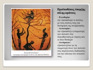 Πξνϋπνζέζεηο ύπαξμεο
πόιεο-θξάηνπο
Διεπζεξία:

ηελ εμαζθάιηδαλ νη πνιίηεο
κε ηνπο αγώλεο ηνπο γηα
δηαηήξεζε ηεο αλεμαξηεζίαο
Απηνλνκία :
ηελ εμαζθάιηδε ε ζπκκεηνρή
ησλ πνιηηώλ ζηε
δηαθπβέξλεζε κε λόκνπο πνπ
νη ίδηνη ζέζπηδαλ
Απηάξθεηα :
εμαζθαιηδόηαλ κε ηε
ζπκκεηνρή όισλ ησλ πνιηηώλ
ζηηο παξαγσγηθέο δηαδηθαζίεο
γηα ηελ θάιπςε ησλ αλαγθώλ
ηνπο

 