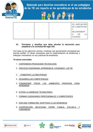 DE AMPLIACIÓN
DE COBERTURA
Y
MEJORAMIENT
O DE LA
CALIDAD.
iii) Principios y desafíos que debe abordar la educación para
adaptarse a la sociedad del siglo XXI.
Con base en los ejercicios previos, construya una aproximación conceptual que
permita perfilar 10 claves educativas para la implementación de tendencias y
enfoques innovadores en sus prácticas de enseñanza:
10 claves esenciales
1. CONTENIDOS+PEDAGOGÍA+TECNOLOGÍA
2. PROCESO ENSEÑANZA APRENDIZAJE UTILIZANDO LAS TIC
3. _ FOMENTAR LA CREATIVIDAD
4. DESARROLLAR COMPETENCIAS
5. CONSIDERAR TODOS LOS AMBIENTES PROPICIOS PARA
APRENDER
6. EVITAR LA ANSIEDAD TECNOLÓGICA
7. FORMAR CIUDADANOS PROFESIONALES Y COMPETENTES
8. DAR UNA FORMACIÓN ADAPTADA A LAS DEMANDAS
9. COOPERACIÓN NECESARIA ENTRE FAMILIA, ESCUELA Y
COMUNIDAD
 