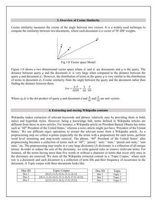 3. Overview of Cosine Similarity
Cosine similarity measures the cosine of the angle between two vectors. It is a widely used technique to
compute the similarity between two documents, where each document is a vector of TF-IDF weights.
Fig 1.0 Vector space Model
Figure 1.0 shows a two dimensional vector space where d1 and d2 are documents and q is the query. The
distance between query q and the document d2 is very large when compared to the distance between the
query q and document d1. However, the distribution of terms in the query q is very similar to the distribution
of terms in document d2. Cosine similarity finds the angle between the query and the document rather than
finding the distance between them.
𝑆𝑖𝑚 =
𝑞. 𝑑
|𝑞||𝑑|
=
𝑞
|𝑞|
.
𝑑
|𝑑|
Where (q.d) is the dot product of query q and document d and
𝑞
|𝑞|
and
𝑑
|𝑑|
are unit vectors.
4. Extracting and storing Wikipedia contents
Wikipedia makes extraction of relevant keywords and phrases relatively easy by providing them in bold,
italics and hyperlink styles. However, being a knowledge hub, terms defined in Wikipedia articles are
different from those in news articles. For instance, a Wikipedia article on President Barack Obama has terms
such as ‘44th
President of the United States,’ whereas a news article might just have ‘President of the United
States.’ We use different regex operations to extract the relevant terms from a Wikipedia article. As a
preprocessing step we collect n-grams (especially for the terms with a preposition) for each terms, perform
word level stemming and stop-words removal. The phrase, ‘44th
President of the United States’ after
preprocessing becomes a collection of terms such as ‘44th
,’ ‘presid,’ ‘unit,’ ‘state,’ ‘presid unit state,’ ‘unit
state,’ etc. The preprocessing step results in a very large dictionary (A dictionary is a collection of all unique
terms). In-order to reduce the size of the dictionary, we write general rules to remove irrelevant terms. For
instance, all the terms having more than five words or without a character or terms that occur only once in
the dictionary are removed. We store all the Wikipedia extracted content in a ‘Topic Corpus,’ where each
row is a document and each document is a collection of term IDs and their frequency of occurrence in the
document. A Topic corpus with three documents looks like:
Doc ID Topic Corpus
Doc 1 [(0,2), (1,3), (2,4), (3,1), (4,1)]
Doc 2 [(0,1), (1,2), (4,2), (5,1), (6,2), (7,5), (8,2)]
Doc 3 [(2,2), (4,1), (6,3), (7,2), (9,2)]
Doc ID Topic
Doc 1 Topic 1
Doc 2 Topic 2
Doc 3 Topic 3
 