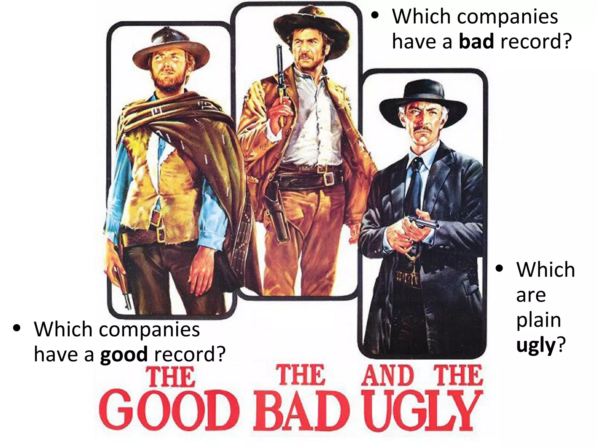 • Which companies
                          have a bad record?




                                    • Which
                                      are
• Which companies                     plain
  have a good record?                 ugly?


                                         44
 
