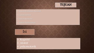TUJUAN
• Tujuan Pendidikan Nasional
• Tujuan Institusi
• Tujuan Kurikuler
• Tujuan Pembelajaran
Isi
• Kognitif
• Afektif
• psikomotorik
 