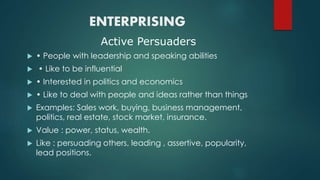 ENTERPRISING
Active Persuaders
 • People with leadership and speaking abilities
 • Like to be influential
 • Interested in politics and economics
 • Like to deal with people and ideas rather than things
 Examples: Sales work, buying, business management,
politics, real estate, stock market, insurance.
 Value : power, status, wealth.
 Like : persuading others, leading , assertive, popularity,
lead positions.
 