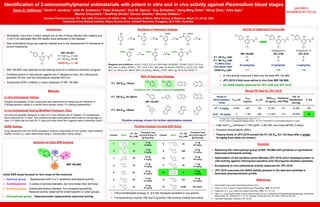 Summary of Initial SAR Analysis
Initial SAR study focused on four areas of the molecule:
 Hydroxyl group: Replacement with H or F abolished antimalarial activity.
 tert-Butylamine: A variety of amines tolerated, but none better then tert-butyl.
 tert-Butyl group: Substituted phenyl tolerated, but increased lipophilicity.
Reduced activity observed for small lipophilic or polar groups.
 Chlorophenyl group: Heteroaromatic replacements improved activity.
SAR of Heteroaryl Analogs
Pyridine analogs chosen for further optimization studies.
Identification of 2-aminomethylphenol antimalarials with potent in vitro and in vivo activity against Plasmodium blood stages
Gavin D. Heffernan,1 David P. Jacobus,1 John W. Anderson,1 Peter Krasucki,1 Kurt W. Saionz,1 Guy Schiehser,1 Hong-Ming Shieh,1 Wenyi Zhao,1 Arba Ager,2
Marina Chavchich,3 Geoffrey Birrell,3 Dennis Shanks,3 Michael Edstein.3
1Jacobus Pharmaceutical, P.O. Box 5290, Princeton, NJ 08540, USA, 2University of Miami, Miller School of Medicine, Miami, FL 33136, USA
3Australian Army Malaria Institute, Weary Dunlop Drive, Gallipoli Barracks, Enoggera, QLD 4051, Australia.
.
Summary
 Replacing the chlorophenyl group of WR 194,965 with pyridines or pyrimidines
improved antimalarial activity.
 Optimization of the pyridine series afforded JPC-3210 which displayed potent in
vitro activity against chloroquine-sensitive and chloroquine-resistant parasites.
 Exceptional in vivo antimalarial activity observed for JPC-3210.
 JPC-3210 overcame the hERG liability present in the lead and exhibited a
favorable pharmacokinetic profile.
References
1. World Health Organization World Malaria Report 2014.
2. Peters, W. et al. Annals of Tropical Medicine and Parasitology 1984, 78, 567-579.
3. Desjardins, R. E. et al. Antimicrob. Agents Chemother. 1979, 16, 710–718.
4. Ager, A. L. Experimental models: rodent malaria models (in vivo). In Handbook of experimental pharmacology: antimalarial
drugs; Peters, W., Richards, W. H. G., Ed.; Springer Verlag, New York, NY, 1984; vol 68, pp 225-254.
5. ChanTest Corporation, Cleveland, OH 44128
Synthesis of Heteroaryl Analogs
Reagents and conditions: (a) Br2, CH2Cl2, 0oC to rt, 99% yield; (b) MEMCl, iPr2NEt, CH2Cl2, 0oC to rt,
99% yield; (c) nBuLi, B(OiPr)3, THF, -78 to -10oC, 99% yield; (d) HetArX, Pd(PPh3)4, K2CO3, H2O, DME,
80oC; (e) 1M aq. HCl, MeOH, 60oC; (f) (CH2O)n, tBuNH2, iPrOH, reflux; (g) 1M aq. HCl, EtOH, rt.
Introduction
 Worldwide, more than 3 billion people are at risk of being infected with malaria and
in 2013 an estimated 584,000 deaths were attributed to the disease.1
 New antimalarial drugs are urgently needed due to the development of resistance to
current treatments.
 WR 194,9652 was selected as the starting point of a medicinal chemistry program.
 Exhibited potent in vitro activity against two P. falciparum lines, the chloroquine-
sensitive D6 line, and the chloroquine-resistant W2 line.
 Substantial hERG inhibition a major drawback of WR 194,965.
JACOBUS
PHARMACEUTICAL
WR 194,965
Pyridine Analogs Focused SAR Study
 Trifluoromethylated analogs (1, 2 & 12) displayed excellent in vivo activity
 Corresponding 2-pyridyl (13) and 2-pyrimidyl (14) isomers notably less active
Methods:
In vitro Antimalarial Testing:
Parasite susceptibility to test compounds was determined by measuring the inhibition of
[3H]Hypoxanthine uptake in a whole blood isotopic assay (1% starting parasitemia).3
In vivo Antimalarial Testing (Modified Thompson Test):
Survival and parasite clearance in male CD1 mice infected with P. berghei (1% parasitemia)
were measured for 31 days. Test compounds were administered twice daily by oral gavage on
days 3–5. Mice that survived for 31 days and were blood-film negative were considered cured.4
hERG Testing:
Drug interactions with the hERG potassium channel, responsible for the cardiac 'rapid' delayed
rectifier current (IKr), were determined using a manual patch clamp assay.5
Activity of Optimized Compounds
Mouse PK Data for JPC-3210a
 High oral Cmax achieved (1,180 ng/mL, 2.96 mM), very long half-life (7 days).
 Excellent bioavailability (86%).
 Plasma levels of JPC-3210 exceed the P.f. D6 IC50 for >28 days after a single
16 mg/kg dose (data not shown).
aIn male CD1 mice. Results are the mean of n = 3
bIn 5% Tween in phosphate buffered saline. cIn.0.1% Tween80/0.5% hydroxyethylcellulose in water.
 In vitro activity improved 3-fold over the lead WR 194,965.
 JPC-3210 8-fold more active in vivo than WR 194,965.
 No hERG liability observed for JPC-3186 and JPC-3210.
Compound 2 Compound 12
WR 194,965 JPC-3186 JPC-3210
P.f. D6 IC50 (nM) 31 10 9
P.f. W2 IC50 (nM) 28 9 8
Curative dose
(Thompson test)
32 mg/kg/day 8 mg/kg/day 4 mg/kg/day
hERG IC50 (mM) 1.1 >10 >10
Route of
Administration
/ Dose
Tmax (h)
Cmax
(ng/mL)
t1/2 (h)
AUC0-last
(h*ng/mL)
Clearance
(mL/h/kg)
Vol. of
Distribution
(mL/kg)
F (%)
IV
b
/ 2 mg/kg 0.083 847 139 16,100 116 23,200 NA
Oralc
/ 16 mg/kg 2 1,180 169 111,000 119 29,000 86
Compd. HetAr
P.f. D6
IC50 (nM)
Thompson test
survival at day 31
@ Dose/day
Compd. HetAr
P.f. D6
IC50 (nM)
Thompson test
survival at day 31
@ Dose/day
1 13
7/7 @
8 mg/kg
8 25
7/7 @
64 mg/kg
2 10
7/7 @
8 mg/kg
9 350
0/7 @
32 mg/kg
3 25
4/7 @
8 mg/kg
10 23
0/7 @
64 mg/kg
4 19
3/7 @
16 mg/kg
11 24
1/7 @
64 mg/kg
5 67
0/7 @
64 mg/kg
12 9
7/7 @
4 mg/kg
6 64
4/7 @
64 mg/kg
13 231
0/7 @
64 mg/kg
7 23
5/7 @
64 mg/kg
14 6,300 Not tested
 