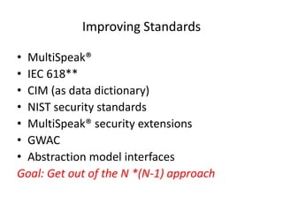 Improving Standards
• MultiSpeak®
• IEC 618**
• CIM (as data dictionary)
• NIST security standards
• MultiSpeak® security extensions
• GWAC
• Abstraction model interfaces
Goal: Get out of the N *(N-1) approach
 