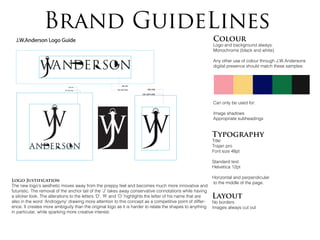 Brand GuideLines
Colour
Logo and background always:
Monochrome (black and white)
Any other use of colour through J.W.Andersons
digital presence should match these samples:
Can only be used for:
Image shadows
Appropriate subheadings
Typography
Title:
Trajan pro
Font size 48pt
Standard text:
Helvetica 12pt
Horizontal and perpendicular
to the middle of the page.
Layout
No borders
Images always cut out
100% LOGO
150% SAFETY SPACE
100% LOGO
150% SAFETY SPACE
100% LOGO
150% SAFETY SPACE
J.W.Anderson Logo Guide
Logo Justification
The new logo’s aesthetic moves away from the preppy feel and becomes much more innovative and
futuristic. The removal of the anchor tail of the ‘J’ takes away conservative connotations while having
a slicker look. The alterations to the letters ‘D’, ‘R’ and ‘O’ highlights the letter of his name that are
also in the word ‘Androgyny’ drawing more attention to this concept as a competitive point of differ-
ence. It creates more ambiguity than the original logo as it is harder to relate the shapes to anything
in particular, while sparking more creative interest.
 