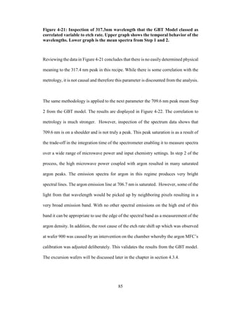 85
Figure 4-21: Inspection of 317.3nm wavelength that the GBT Model classed as
correlated variable to etch rate. Upper graph shows the temporal behavior of the
wavelengths. Lower graph is the mean spectra from Step 1 and 2.
Reviewing the data in Figure 4-21 concludes that there is no easily determined physical
meaning to the 317.4 nm peak in this recipe. While there is some correlation with the
metrology, it is not causal and therefore this parameter is discounted from the analysis.
The same methodology is applied to the next parameter the 709.6 nm peak mean Step
2 from the GBT model. The results are displayed in Figure 4-22. The correlation to
metrology is much stronger. However, inspection of the spectrum data shows that
709.6 nm is on a shoulder and is not truly a peak. This peak saturation is as a result of
the trade-off in the integration time of the spectrometer enabling it to measure spectra
over a wide range of microwave power and input chemistry settings. In step 2 of the
process, the high microwave power coupled with argon resulted in many saturated
argon peaks. The emission spectra for argon in this regime produces very bright
spectral lines. The argon emission line at 706.7 nm is saturated. However, some of the
light from that wavelength would be picked up by neighboring pixels resulting in a
very broad emission band. With no other spectral emissions on the high end of this
band it can be appropriate to use the edge of the spectral band as a measurement of the
argon density. In addition, the root cause of the etch rate shift up which was observed
at wafer 900 was caused by an intervention on the chamber whereby the argon MFC’s
calibration was adjusted deliberately. This validates the results from the GBT model.
The excursion wafers will be discussed later in the chapter in section 4.3.4.
 