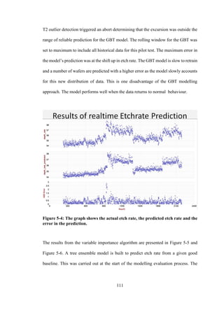 111
T2 outlier detection triggered an abort determining that the excursion was outside the
range of reliable prediction for the GBT model. The rolling window for the GBT was
set to maximum to include all historical data for this pilot test. The maximum error in
the model’s prediction was at the shift up in etch rate. The GBT model is slow to retrain
and a number of wafers are predicted with a higher error as the model slowly accounts
for this new distribution of data. This is one disadvantage of the GBT modelling
approach. The model performs well when the data returns to normal behaviour.
Figure 5-4: The graph shows the actual etch rate, the predicted etch rate and the
error in the prediction.
The results from the variable importance algorithm are presented in Figure 5-5 and
Figure 5-6. A tree ensemble model is built to predict etch rate from a given good
baseline. This was carried out at the start of the modelling evaluation process. The
 