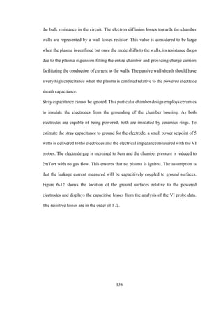 136
the bulk resistance in the circuit. The electron diffusion losses towards the chamber
walls are represented by a wall losses resistor. This value is considered to be large
when the plasma is confined but once the mode shifts to the walls, its resistance drops
due to the plasma expansion filling the entire chamber and providing charge carriers
facilitating the conduction of current to the walls. The passive wall sheath should have
a very high capacitance when the plasma is confined relative to the powered electrode
sheath capacitance.
Stray capacitance cannot be ignored. This particular chamber design employs ceramics
to insulate the electrodes from the grounding of the chamber housing. As both
electrodes are capable of being powered, both are insulated by ceramics rings. To
estimate the stray capacitance to ground for the electrode, a small power setpoint of 5
watts is delivered to the electrodes and the electrical impedance measured with the VI
probes. The electrode gap is increased to 8cm and the chamber pressure is reduced to
2mTorr with no gas flow. This ensures that no plasma is ignited. The assumption is
that the leakage current measured will be capacitively coupled to ground surfaces.
Figure 6-12 shows the location of the ground surfaces relative to the powered
electrodes and displays the capacitive losses from the analysis of the VI probe data.
The resistive losses are in the order of 1 𝛺.
 