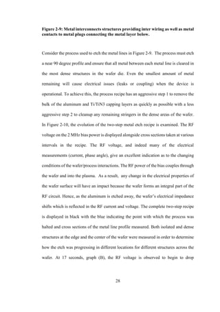 28
Figure 2-9: Metal interconnects structures providing inter wiring as well as metal
contacts to metal plugs connecting the metal layer below.
Consider the process used to etch the metal lines in Figure 2-9. The process must etch
a near 90 degree profile and ensure that all metal between each metal line is cleared in
the most dense structures in the wafer die. Even the smallest amount of metal
remaining will cause electrical issues (leaks or coupling) when the device is
operational. To achieve this, the process recipe has an aggressive step 1 to remove the
bulk of the aluminum and Ti/TiN3 capping layers as quickly as possible with a less
aggressive step 2 to cleanup any remaining stringers in the dense areas of the wafer.
In Figure 2-10, the evolution of the two-step metal etch recipe is examined. The RF
voltage on the 2 MHz bias power is displayed alongside cross sections taken at various
intervals in the recipe. The RF voltage, and indeed many of the electrical
measurements (current, phase angle), give an excellent indication as to the changing
conditions of the wafer/process interactions. The RF power of the bias couples through
the wafer and into the plasma. As a result, any change in the electrical properties of
the wafer surface will have an impact because the wafer forms an integral part of the
RF circuit. Hence, as the aluminum is etched away, the wafer’s electrical impedance
shifts which is reflected in the RF current and voltage. The complete two-step recipe
is displayed in black with the blue indicating the point with which the process was
halted and cross sections of the metal line profile measured. Both isolated and dense
structures at the edge and the center of the wafer were measured in order to determine
how the etch was progressing in different locations for different structures across the
wafer. At 17 seconds, graph (B), the RF voltage is observed to begin to drop
 