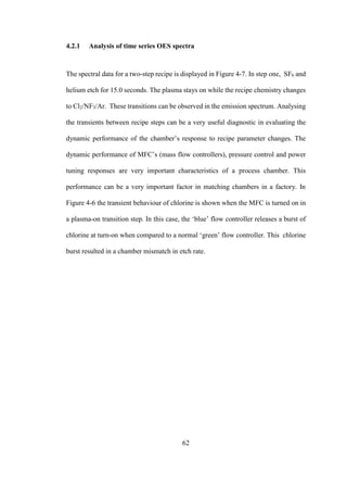 62
4.2.1 Analysis of time series OES spectra
The spectral data for a two-step recipe is displayed in Figure 4-7. In step one, SF6 and
helium etch for 15.0 seconds. The plasma stays on while the recipe chemistry changes
to Cl2/NF3/Ar. These transitions can be observed in the emission spectrum. Analysing
the transients between recipe steps can be a very useful diagnostic in evaluating the
dynamic performance of the chamber’s response to recipe parameter changes. The
dynamic performance of MFC’s (mass flow controllers), pressure control and power
tuning responses are very important characteristics of a process chamber. This
performance can be a very important factor in matching chambers in a factory. In
Figure 4-6 the transient behaviour of chlorine is shown when the MFC is turned on in
a plasma-on transition step. In this case, the ‘blue’ flow controller releases a burst of
chlorine at turn-on when compared to a normal ‘green’ flow controller. This chlorine
burst resulted in a chamber mismatch in etch rate.
 