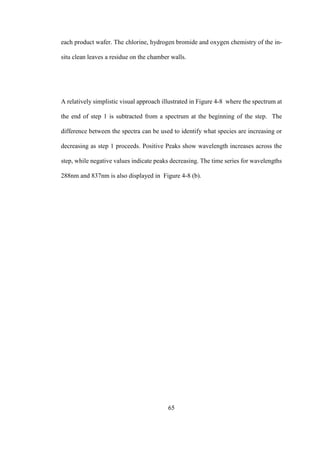 65
each product wafer. The chlorine, hydrogen bromide and oxygen chemistry of the in-
situ clean leaves a residue on the chamber walls.
A relatively simplistic visual approach illustrated in Figure 4-8 where the spectrum at
the end of step 1 is subtracted from a spectrum at the beginning of the step. The
difference between the spectra can be used to identify what species are increasing or
decreasing as step 1 proceeds. Positive Peaks show wavelength increases across the
step, while negative values indicate peaks decreasing. The time series for wavelengths
288nm and 837nm is also displayed in Figure 4-8 (b).
 