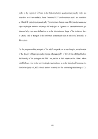 68
peaks in the region of 653 nm. In the high resolution spectrometer smaller peaks are
identified at 653 nm and 654.5 nm. From the NIST database these peaks are identified
as Cl and Br emissions respectively. The spectrum from a pure chlorine discharge and
a pure hydrogen bromide discharge are displayed in Figure 4-11. These individual gas
plasmas help give some indication as to the intensity and shape of the emission lines
of Cl and HBr in that part of the spectrum and indicate that H emissions dominate in
this region.
For the purposes of the analysis of the 656.3 nm peak can be used to give an estimation
of the density of hydrogen in the recipe. Changes in Cl or Br will have little effect on
the intensity of the hydrogen line 656.3 nm, except in their impact on the EEDF. More
suitable lines exist in the spectra to give estimations as to the density of bromine. As
shown inFigure 4-9, 837.6 nm is a more suitable line for estimating the density of Cl.
 